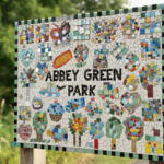 The sign for Abbey Green park in Polesworth, a mosaic design with lots of trees.